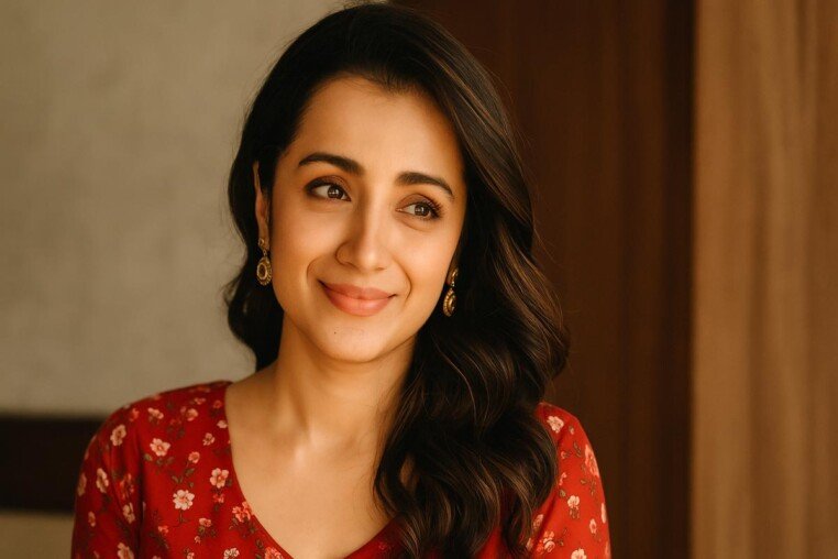 Trisha Krishnan lifestyle portrait in red outfit with graceful smile